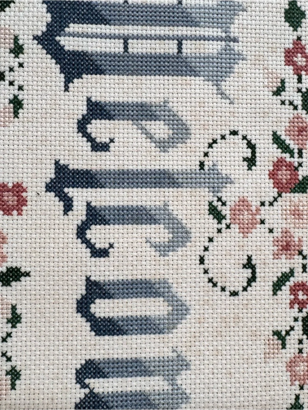 Vintage 1995 Welcome Cross Stitch Framed Floral Cottagecore Wall Art 18x12